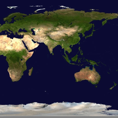 Eastern hemisphere Earth map satellite image, showing the land surface, shallow water and shaded topography