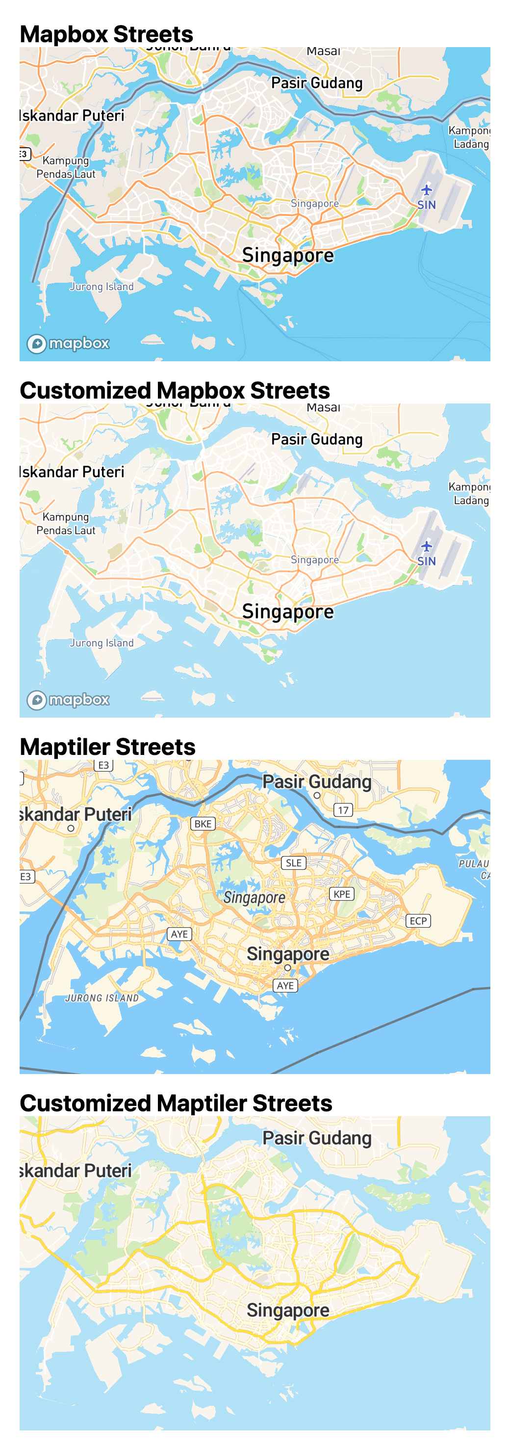 Vector tile styles for Mapbox Streets, customized Mapbox Streets, Maptiler Streets and customized Maptiler Streets