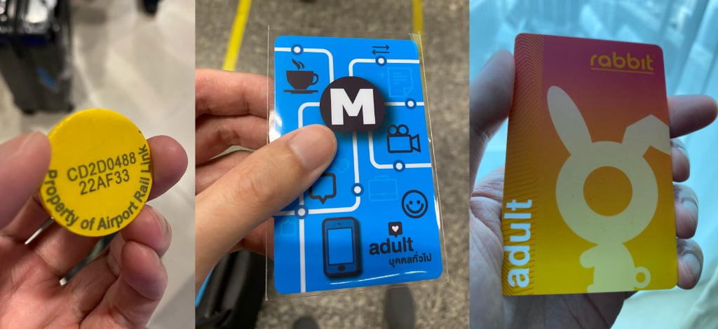 Airport Rail Link token ticket, MRT card and BTS Rabbit card