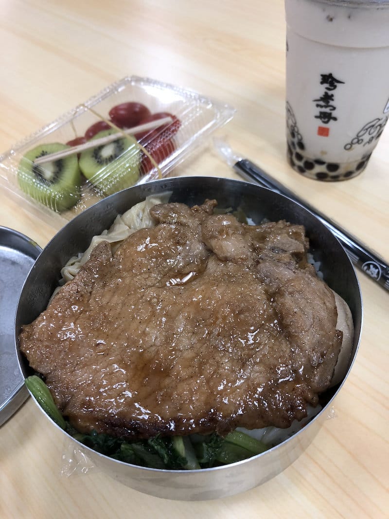 Pork chop rice, fruits and bubble tea served at Ruby X Elixir Conference