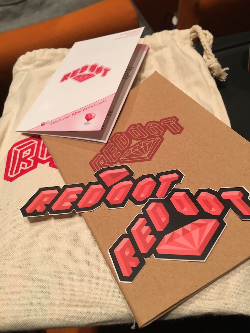 RedDotRubyConf 2016 stickers, notebook, booklet and goodie bag