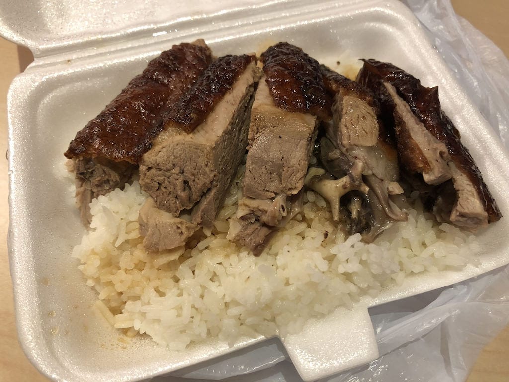 Roast goose rice in take-away package, in Hong Kong