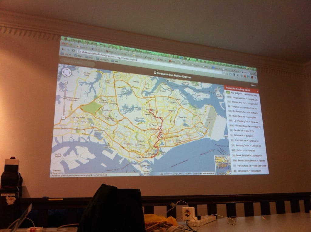 Singapore Bus Routes Explorer web app projected on the wall