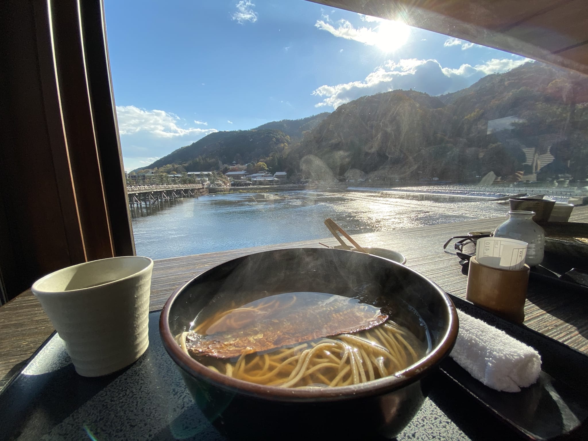 View from Arashiyama Yoshimura, while indulging on nishin soba