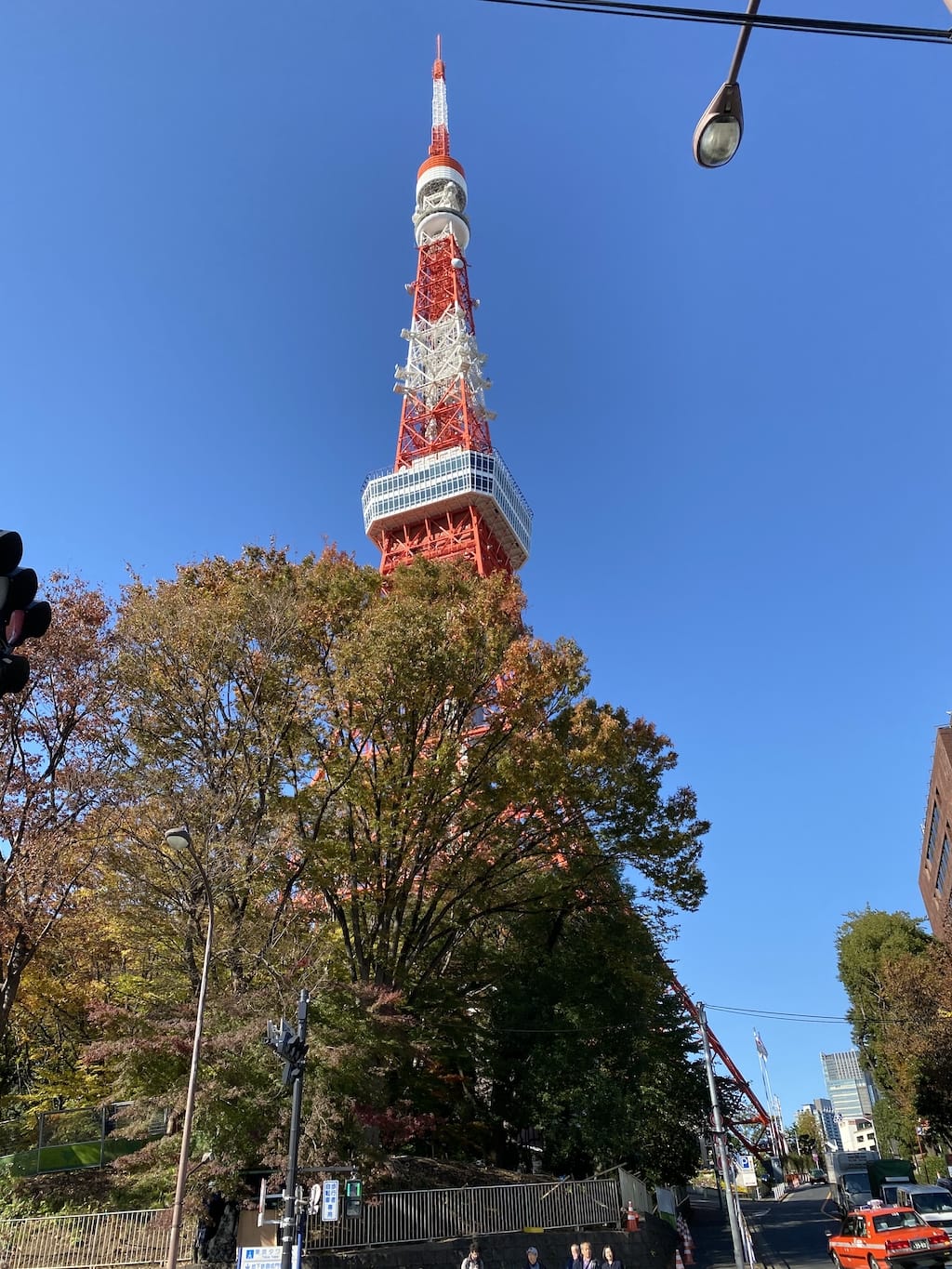 Tokyo Tower, trees and blue sky