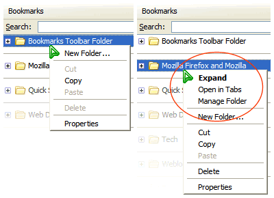different right-click popups for Bookmarks Toolbar Folder and other folders, lacking few menu items
