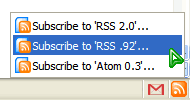 list of subscription feeds ranging from RSS 2.0, RSS .92 to Atom 0.3 formats displayed from the menu popup of the 'Live Bookmarks' button on the statusbar