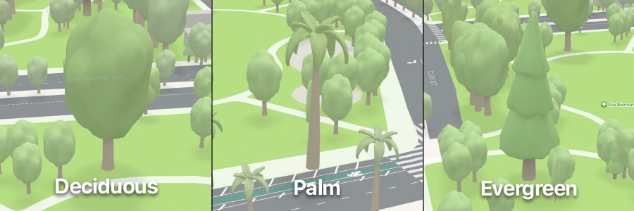 Apple Maps‘ tree crowns; Deciduous, Palm and Evergreen