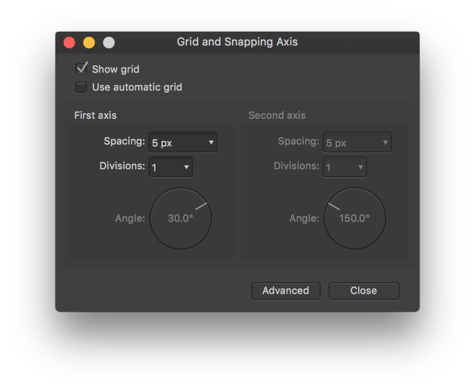 Grid and Snapping Axis manager window on Affinity Designer