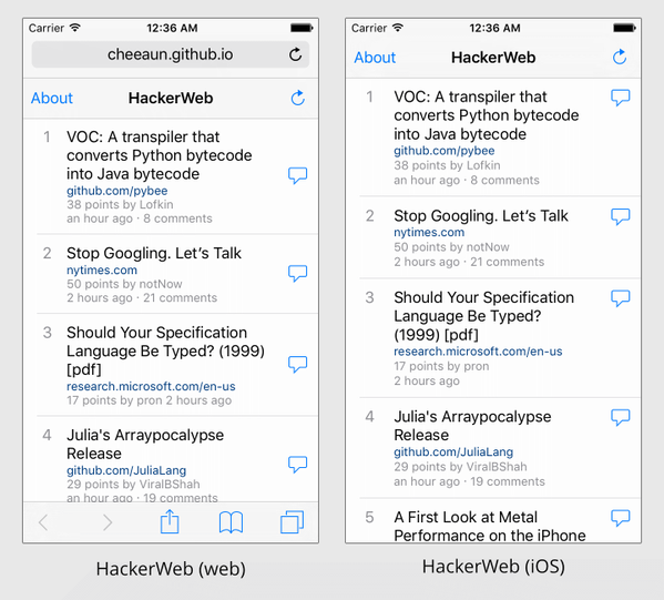 Comparison screenshot of HackerWeb web app and HackerWeb iOS app