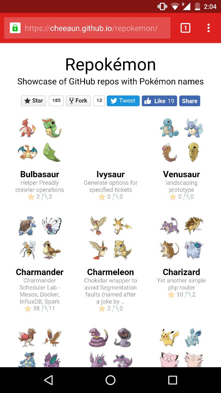 Repokémon web site on Chrome for Android