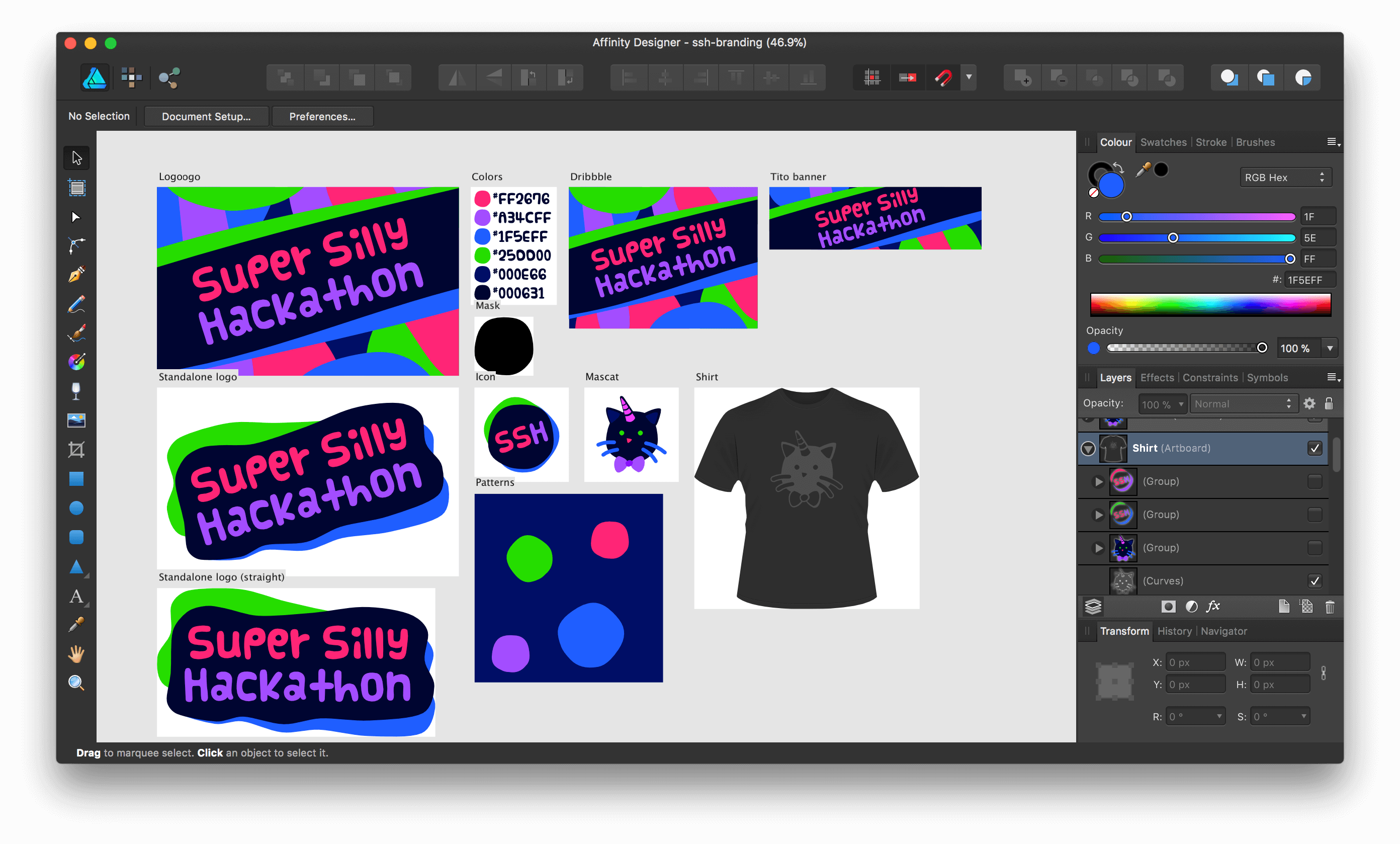 Super Silly Hackathon designs on Affinity Designer