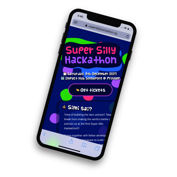 Super Silly Hackathon website on the iPhone X simulator