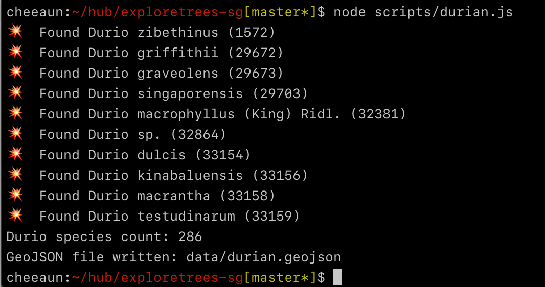 Terminal showing a node script for durian listing down the durio species