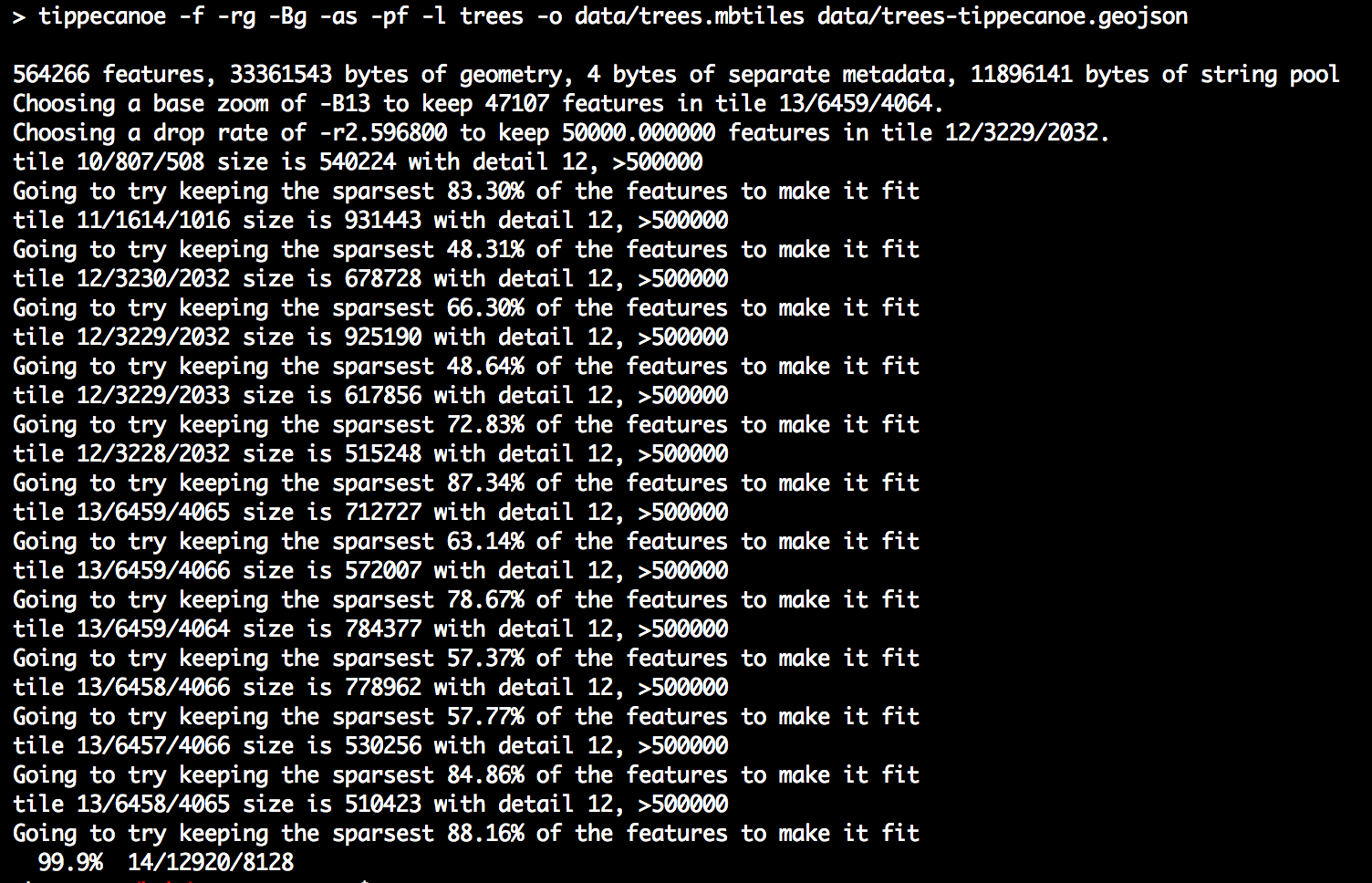 Tippecanoe running in the Terminal, converting geojson to vector tiles by dropping features