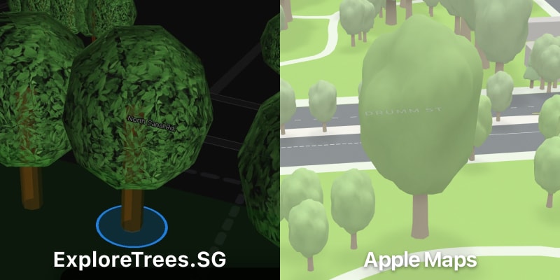 Trees comparison between ExploreTrees.SG and Apple Maps