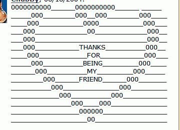 ASCII art display a shape of heart surrounding the text 'Thanks for being my friend', posted as a testimonial