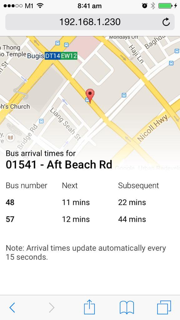 Bus arrival timing for Aft Beach Road stop, on Mobile Safari