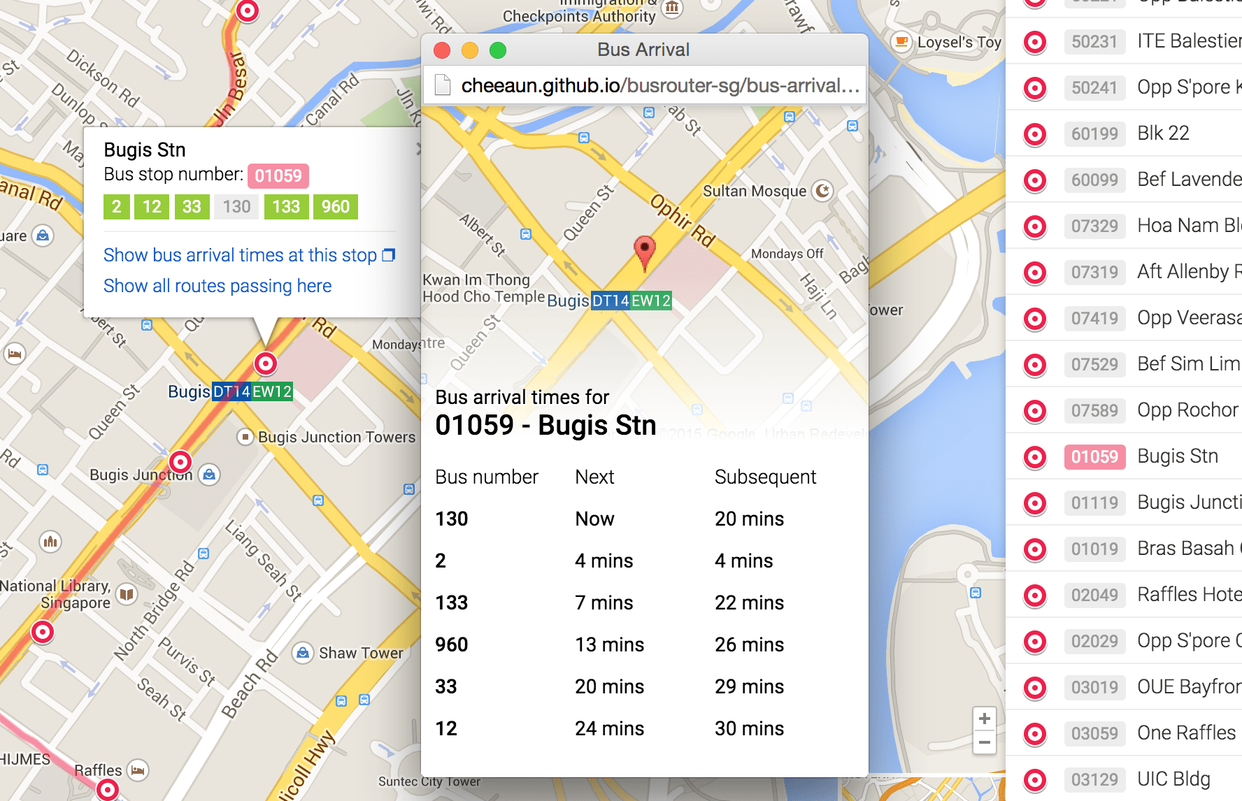 Bus arrival timing for Bugis Stn stop, on Singapore Bus Routes Explorer