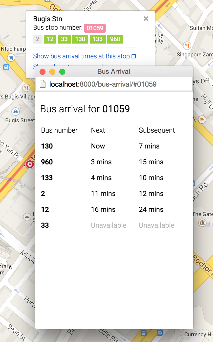 Bus arrival timing experiment, for Bugis Stn stop