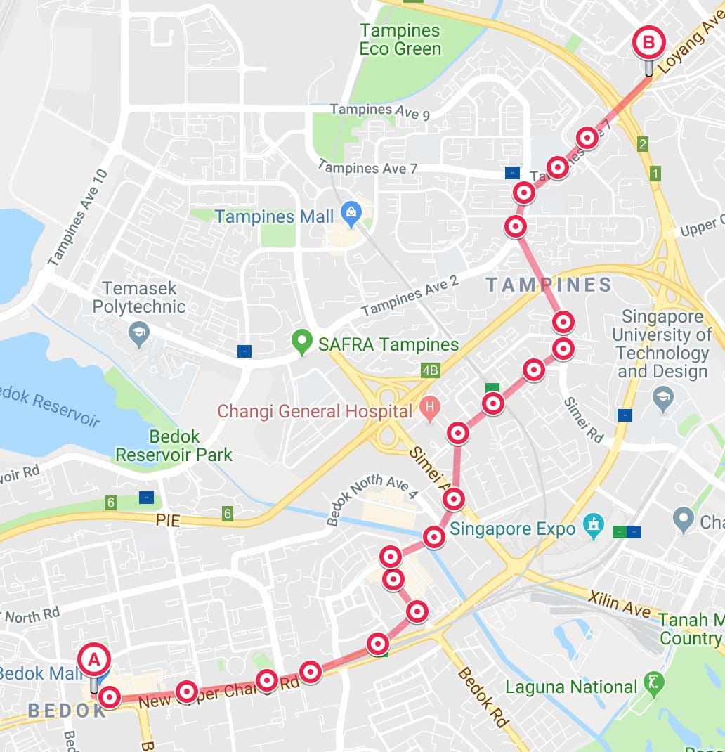 Bus route that is incomplete with straight lines between stops
