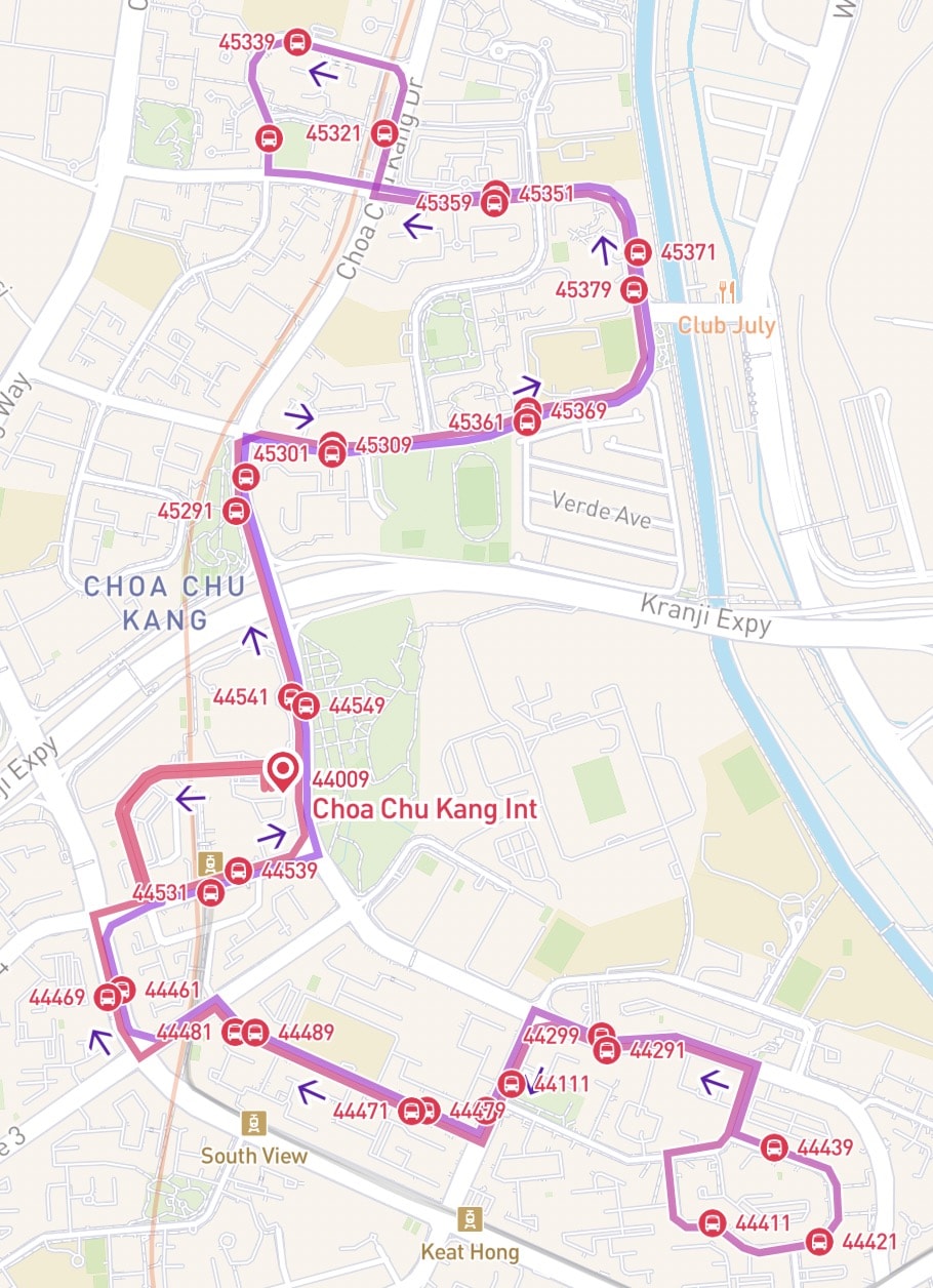 Bus service 307’s route on the map