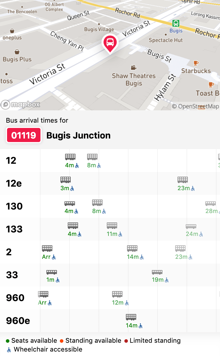 BusRouter SG bus arrival UI, for bus stop 01119 - Bugis Junction