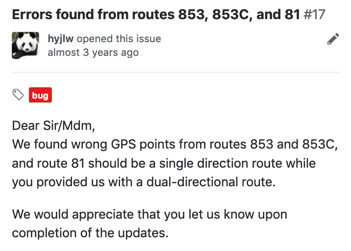 BusRouter SG GitHub issue, with a data update request. Issue title shows 'Errors found from routes 853, 853C, and 81', submitted by @hyjlw