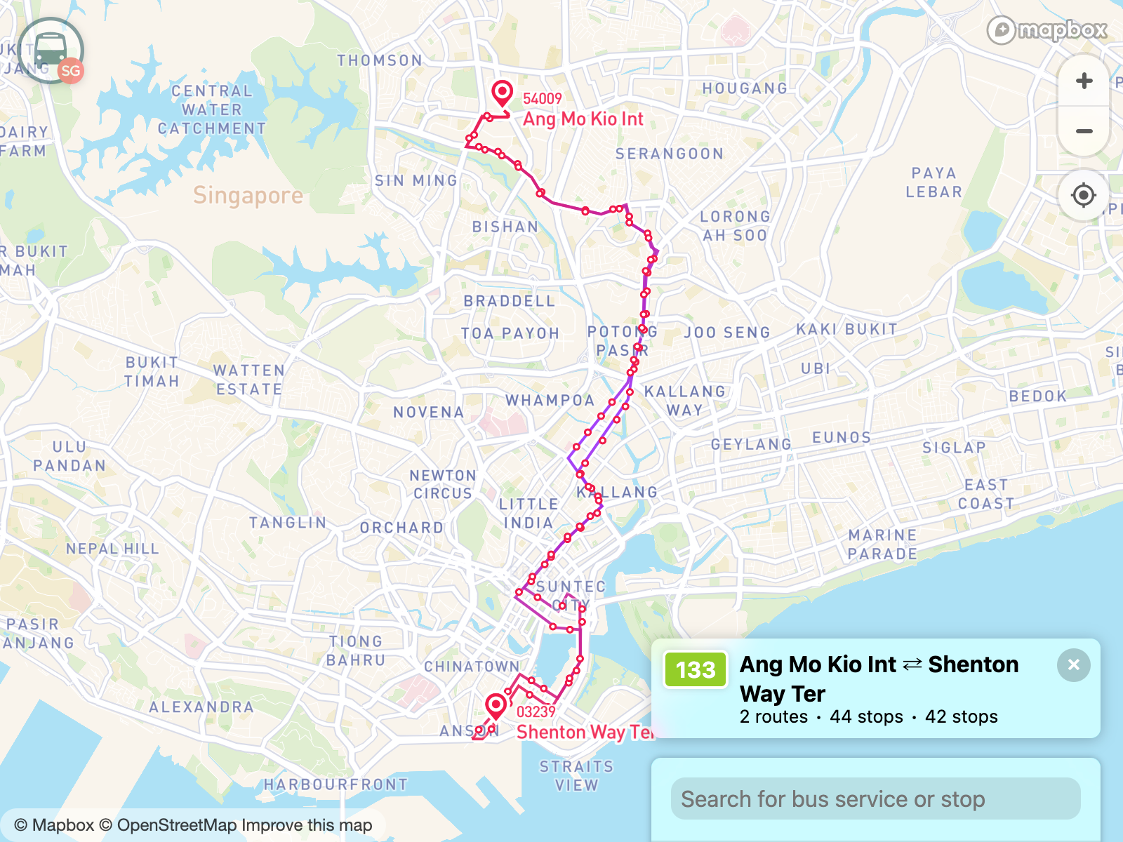Current design of BusRouter SG (2018-2020) with only the map view