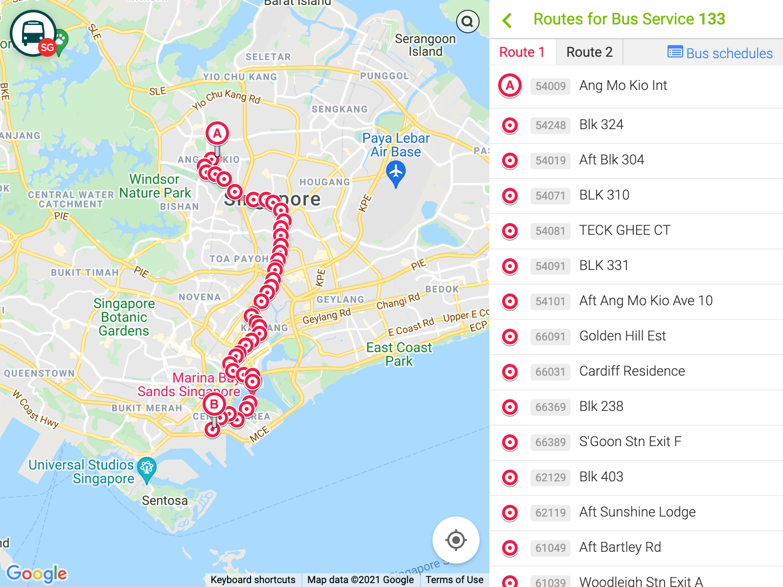 Previous design of BusRouter SG, with map view and list view