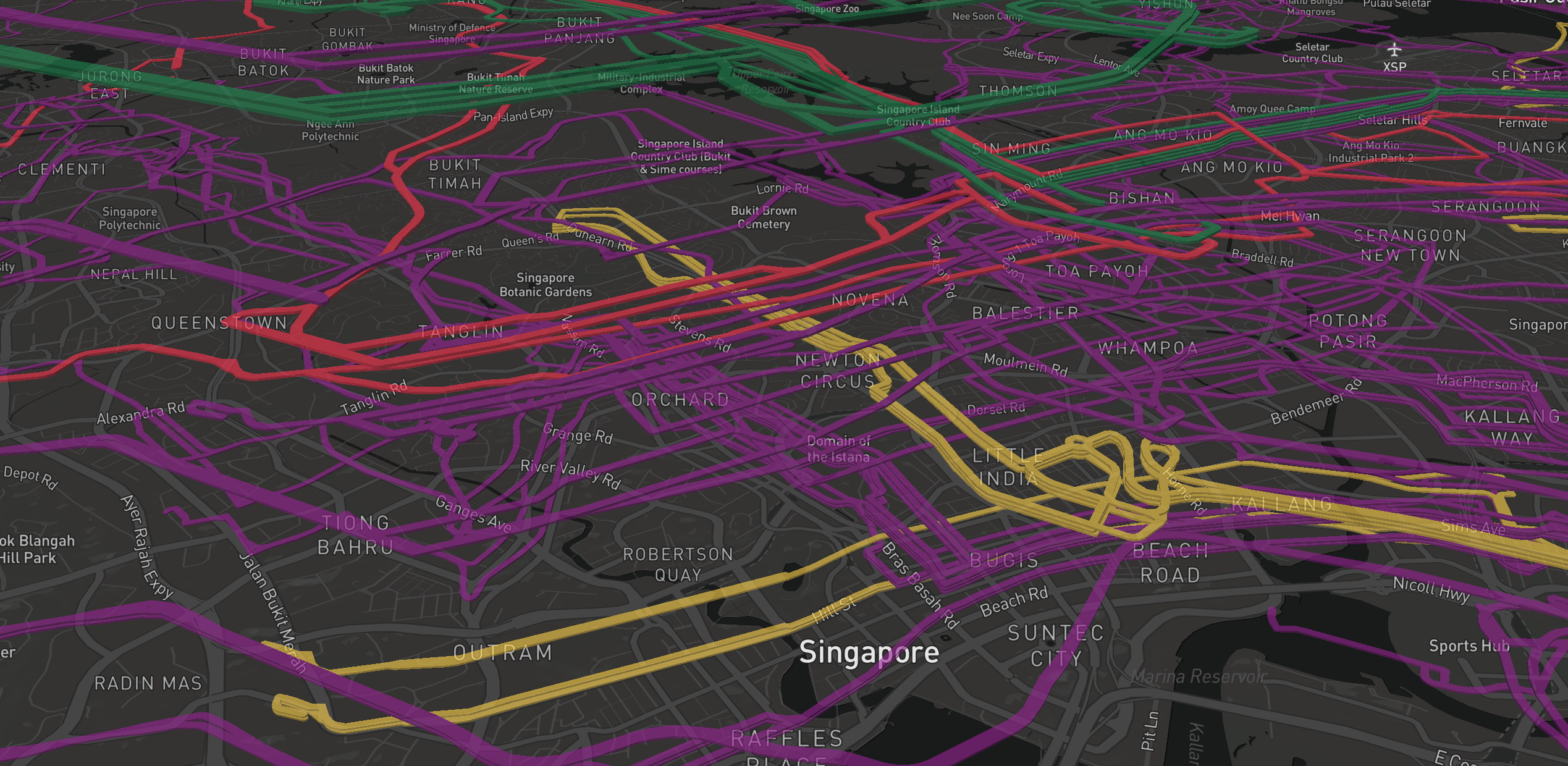 BusRouter SG visualization, close-up shot of the 3D route lines