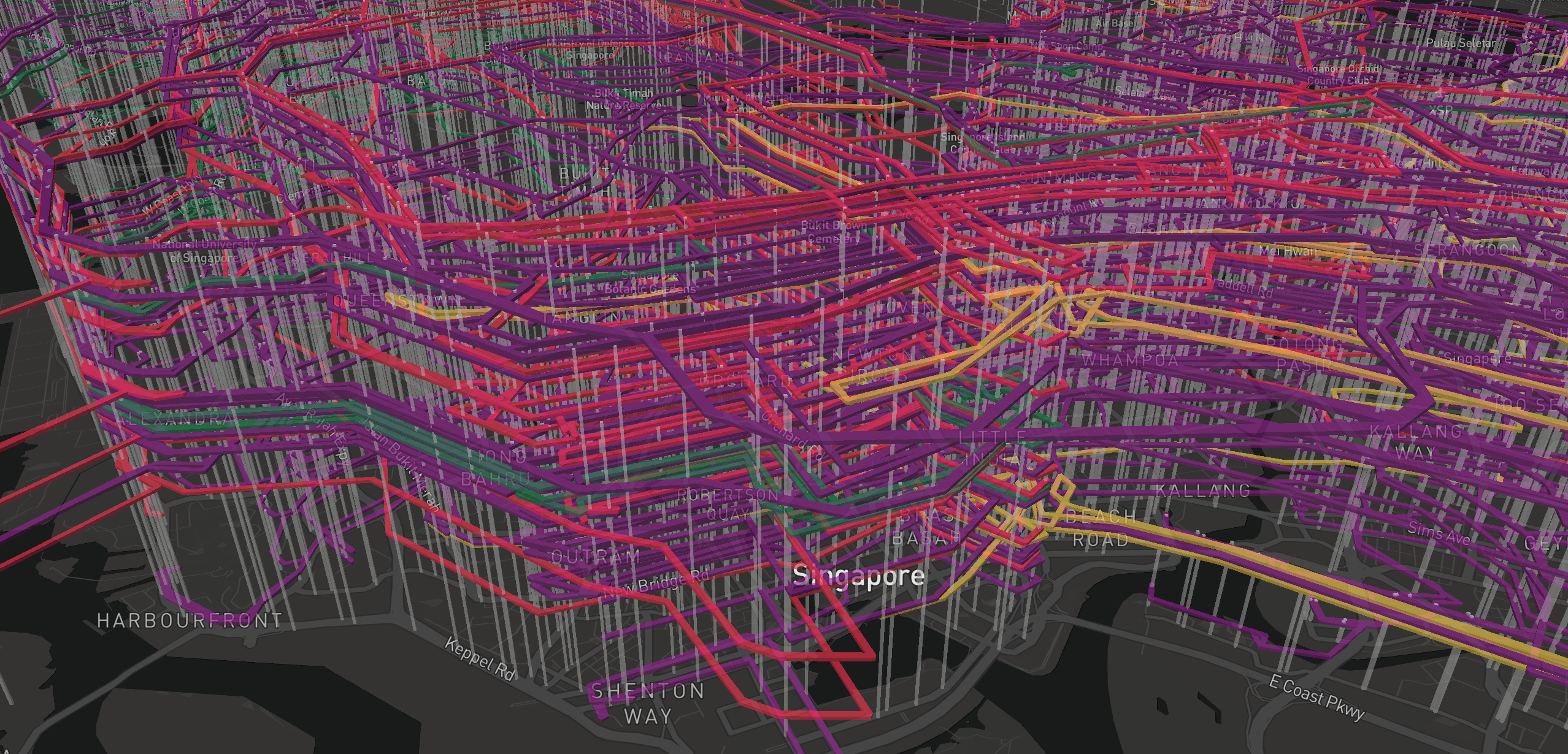BusRouter SG visualization, with 3D extruded polygons for bus stops
