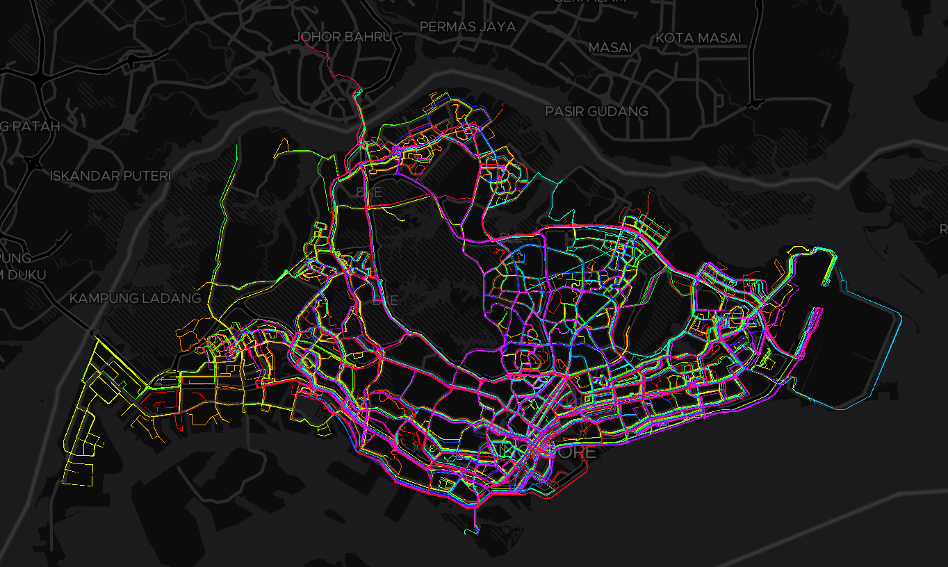 BusRouter SG visualization, with rainbow-colored route lines