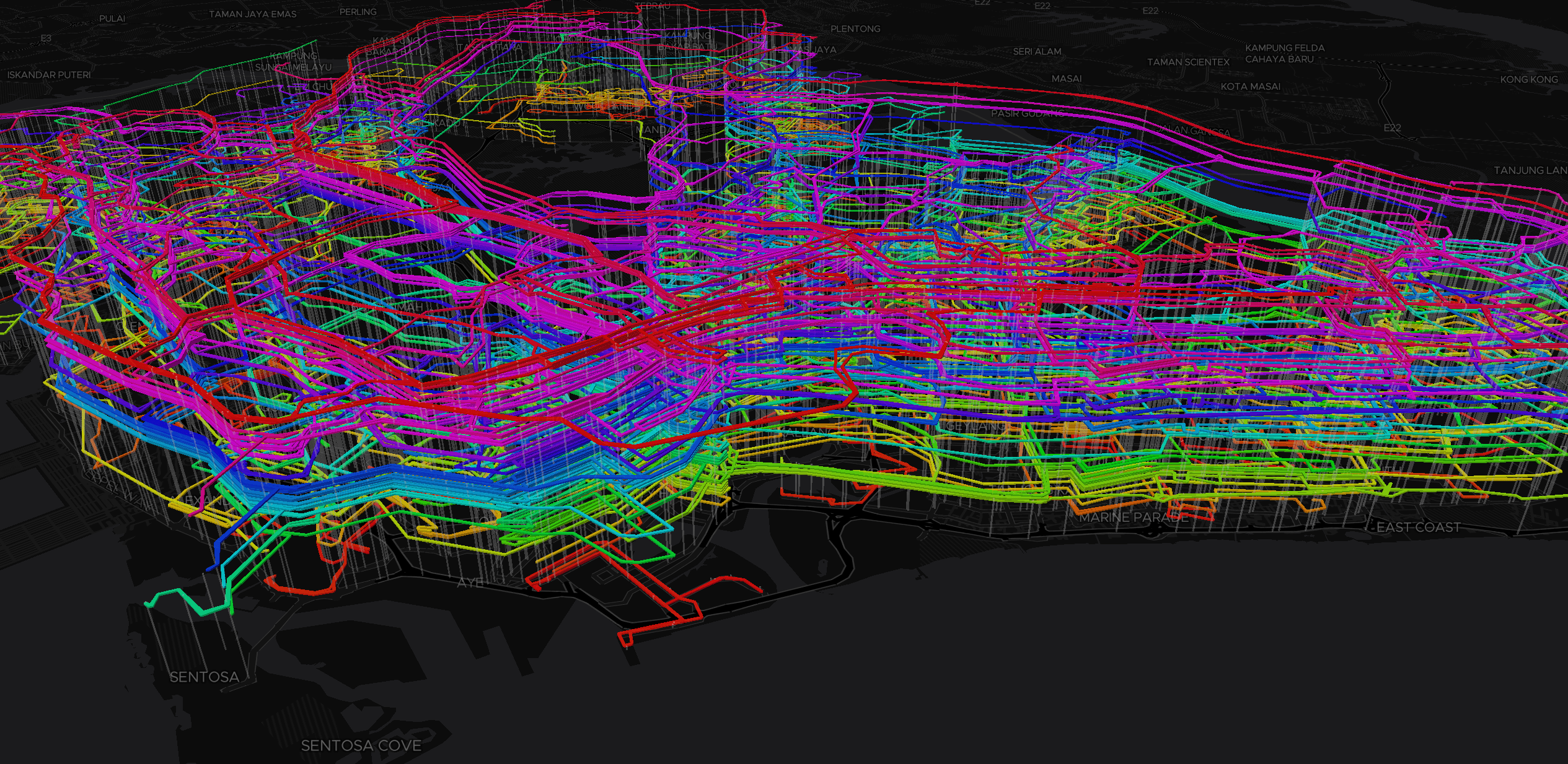 BusRouter SG visualization, showing extruded 3D route lines with rainbow colors