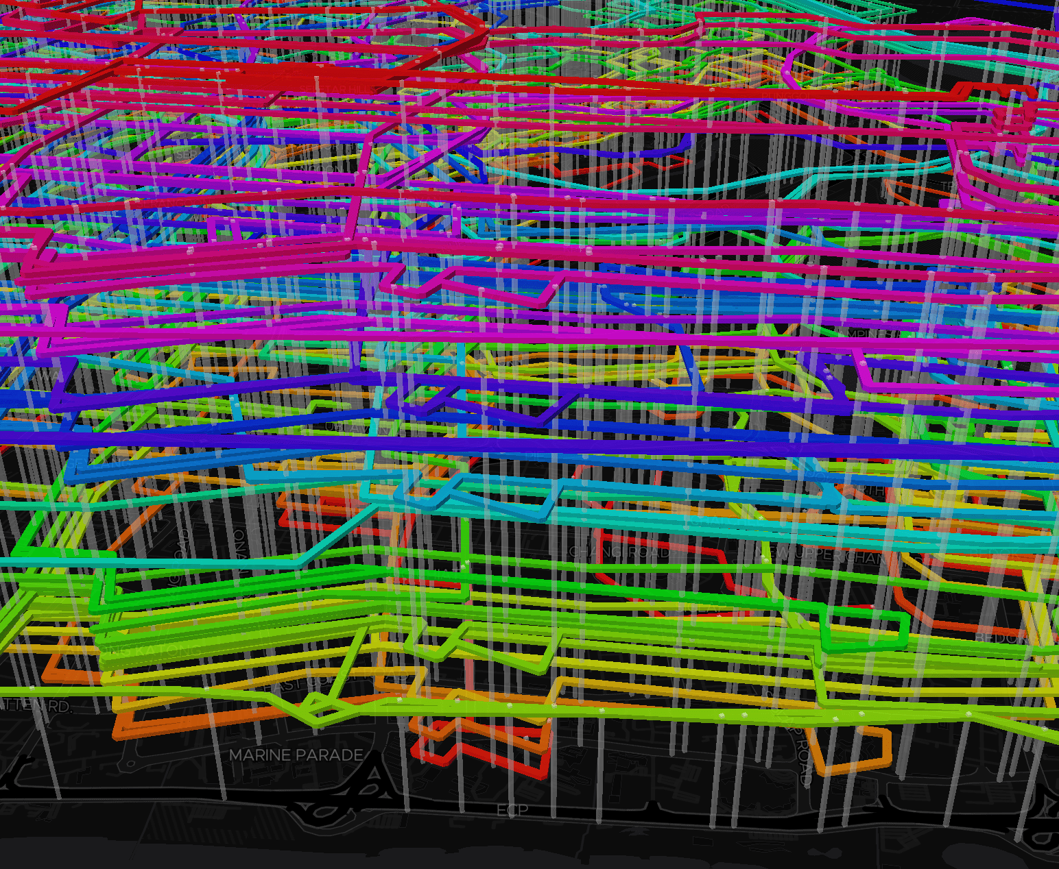 BusRouter SG visualization, close-up show of the rainbow route lines
