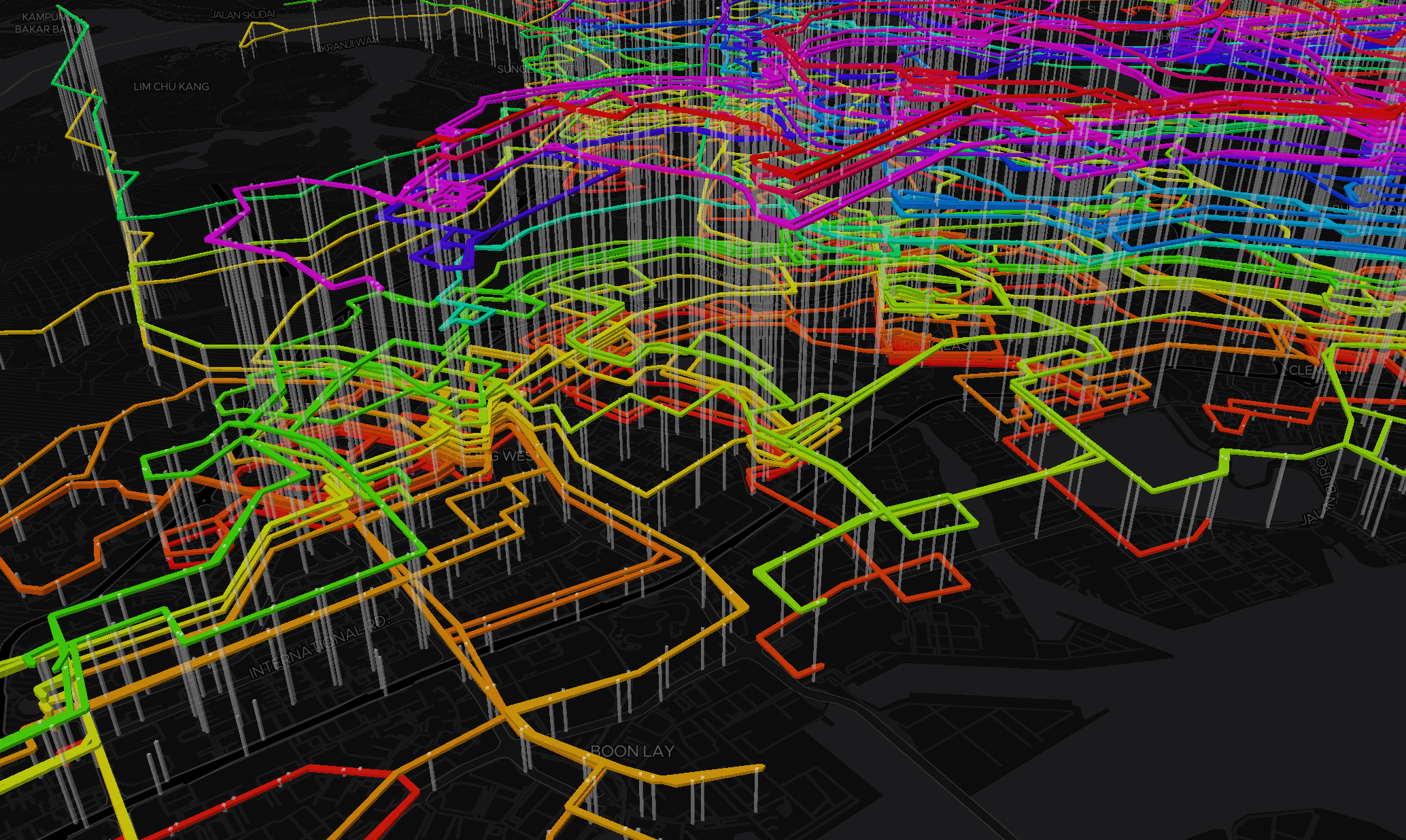 BusRouter SG visualization, close-up shot of rainbow route lines in West Singapore