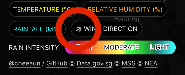 Check Weather SG, legend panel showing the wind direction arrow which is actually a hidden compass