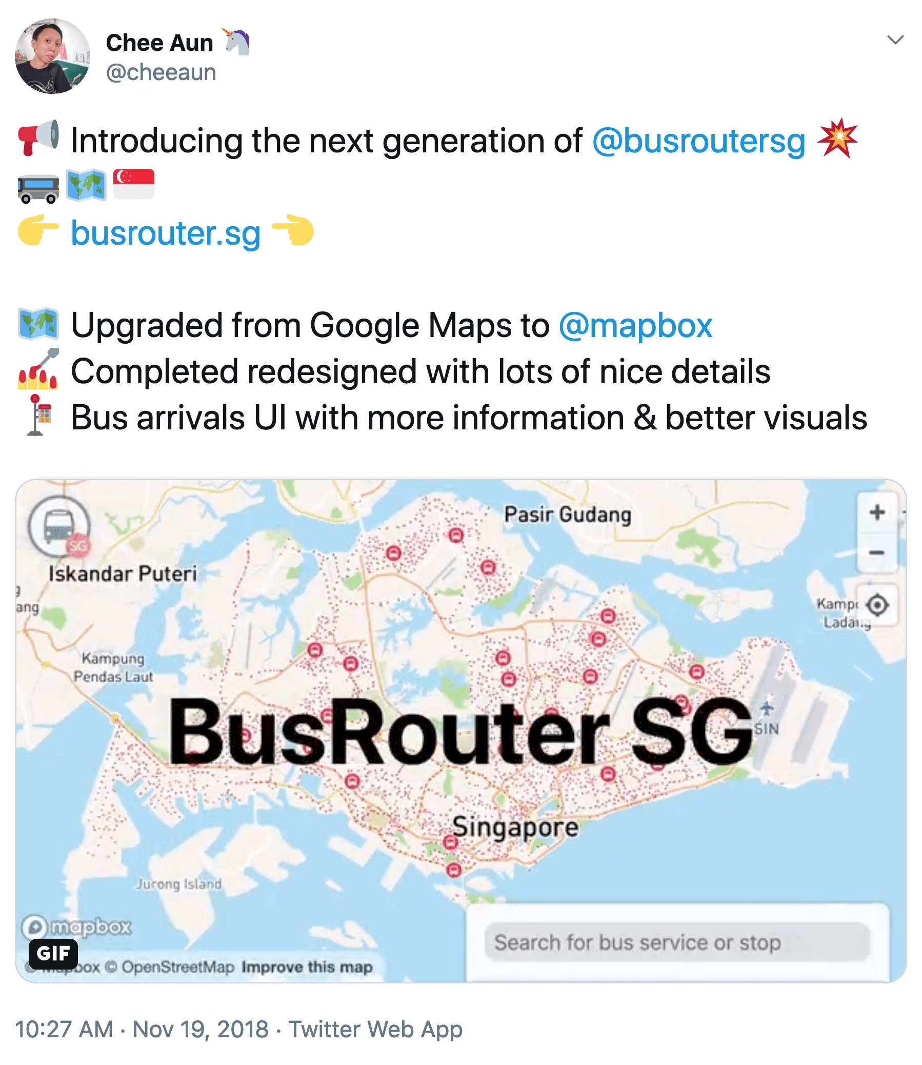 @cheeaun's tweet, introducing the next generation BusRouter SG