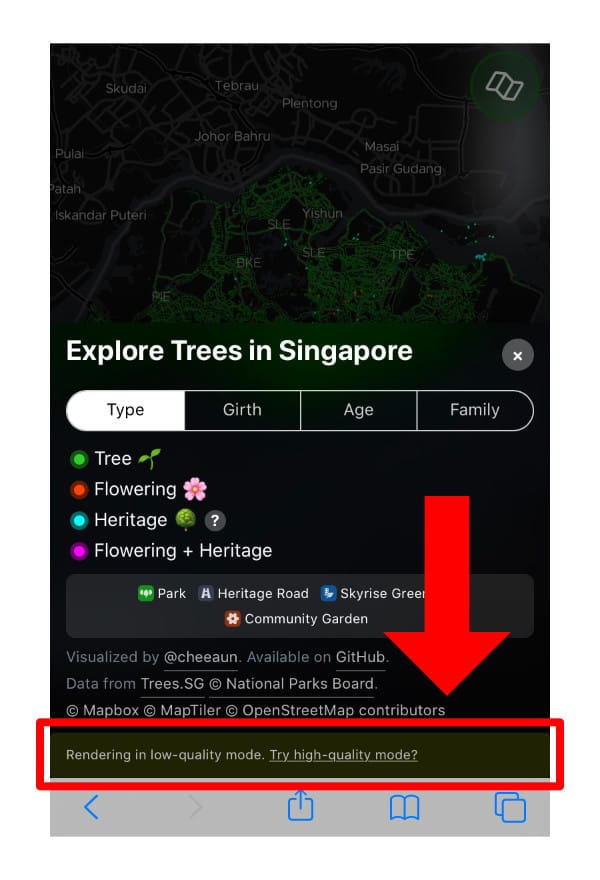 ExploreTrees.SG showing a link “Try high-quality mode?“