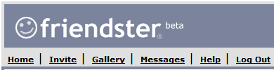 Friendster site's header section, showing the logo and navigation bar