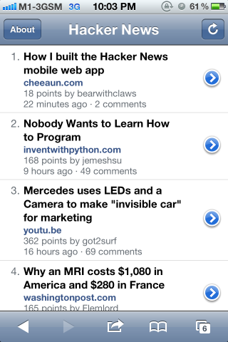 Hacker News Mobile web app showing the first article