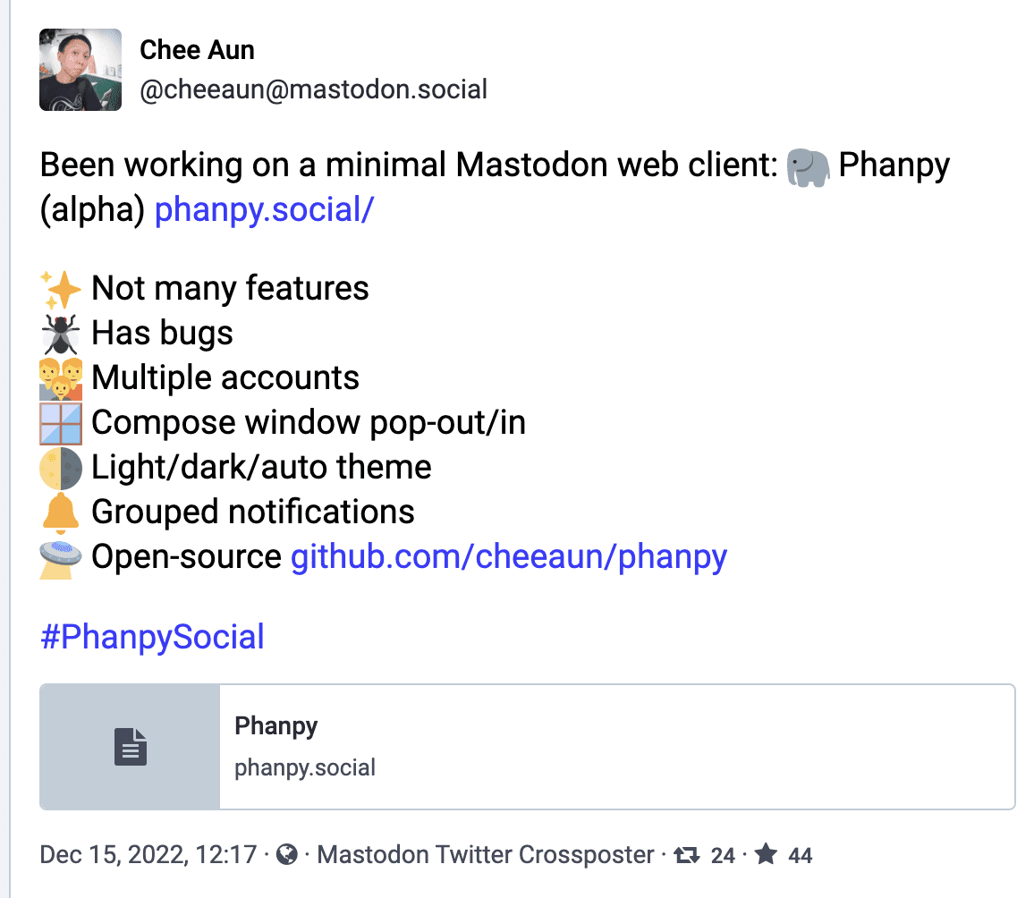 Mastodon post by @cheeaun, soft-launching a new Mastodon client called Phanpy