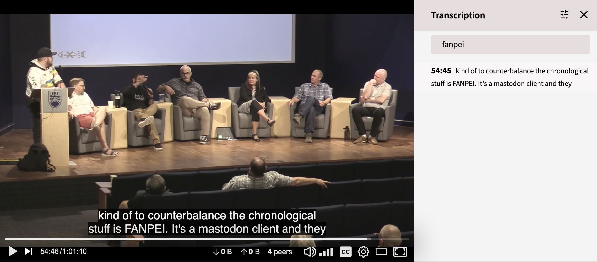 Panel discussion on stage of FediCon 2025. Caption shows "kind of to counterbalance the chronological stuff is FANPEI. It's a mastodon client and they"