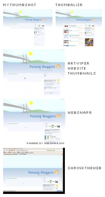 thumbnail images of the Penang Bloggers web site taken from MyThumbShot, thumbalizr, websnapr, artViper and ShrinkTheWeb