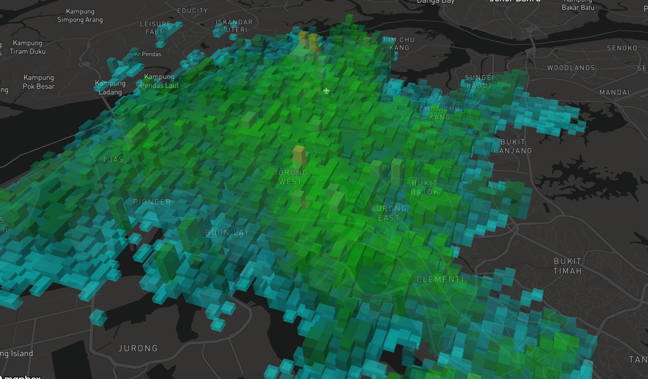 Rain area in 3D extrusion, close-up version, on Mapbox