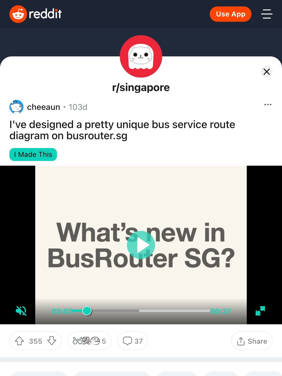 Reddit post on /r/singapore, titled “I’ve designed a pretty unique bus route diagram on bus router.sg”