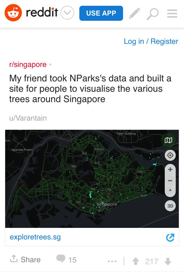 Reddit post on /r/singapore titled “My friend took NParks’s data and built a site for people to visualise the various trees around Singapore"