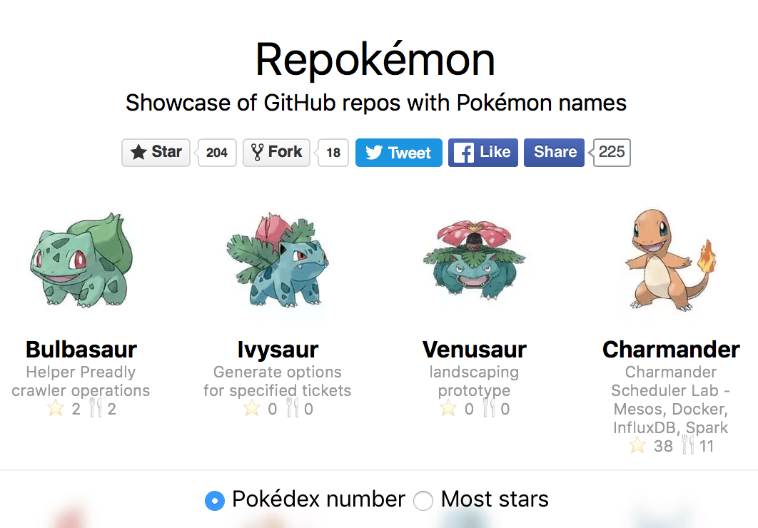 Repokémon web site — Showcase of GitHub repos with Pokémon names