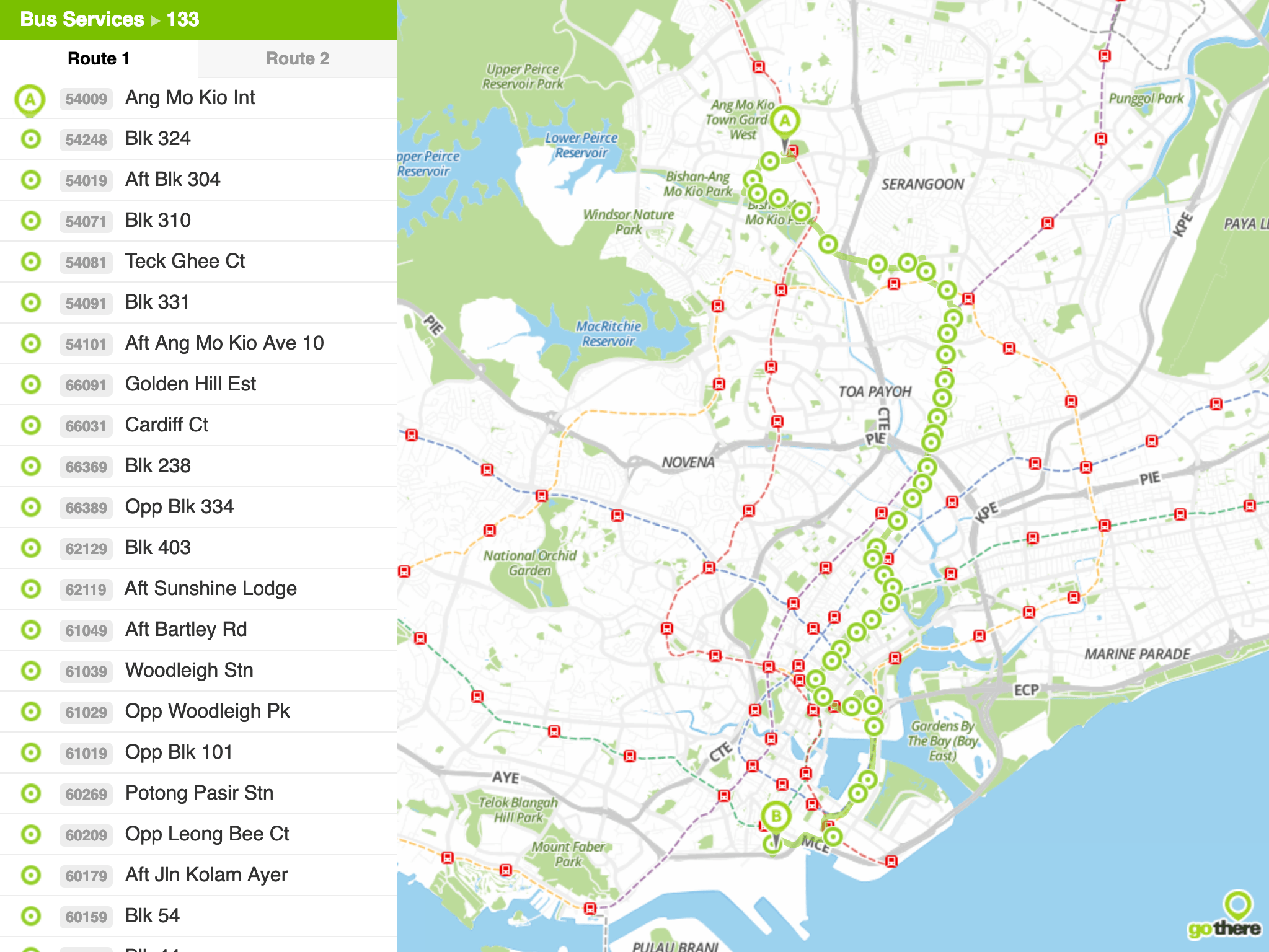 Singapore Bus Routes Explorer, first version, with Gothere SG maps, showing route for service 133
