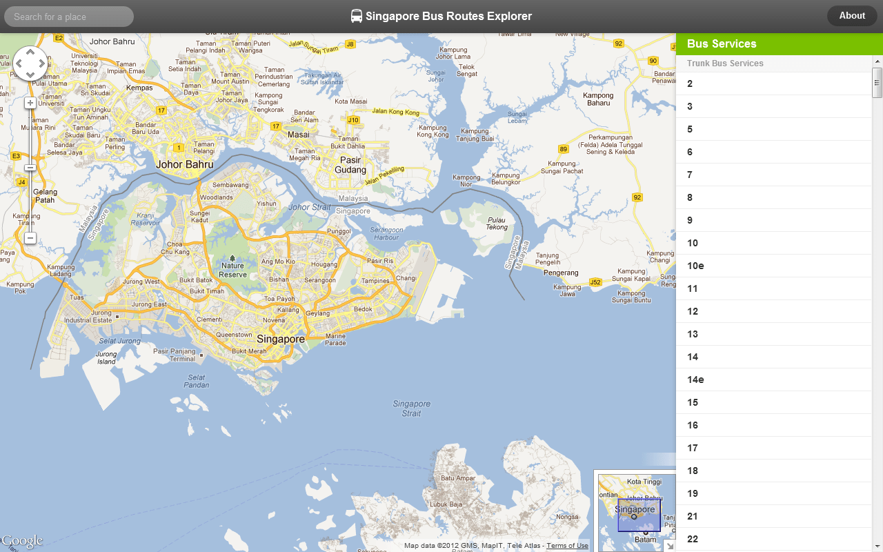 Singapore Bus Routes Explorer, second version, with Google Maps